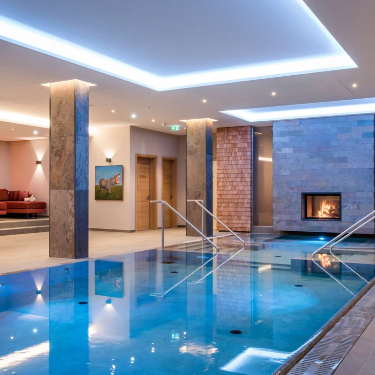 Romantisches Indoor-Hallenbad mit Kamin & Ruhelounges im Klosterhof SPA